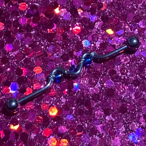 Industrial Bar Piercing Barbell Size 14g Silver Blue Purple Swirl Design alt NEW - Picture 4 of 6